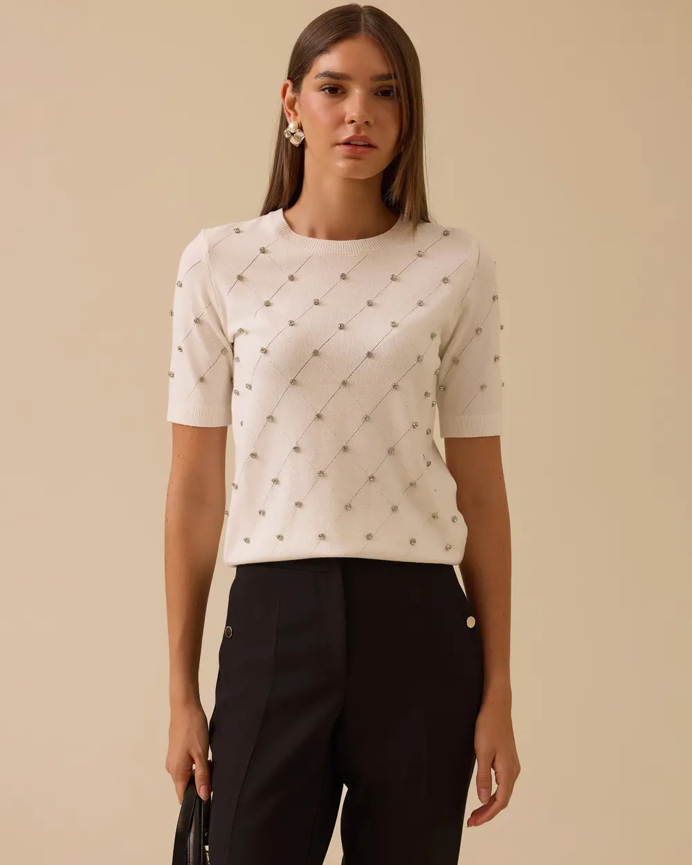 Taş Detaylı Desenli Triko Bluz