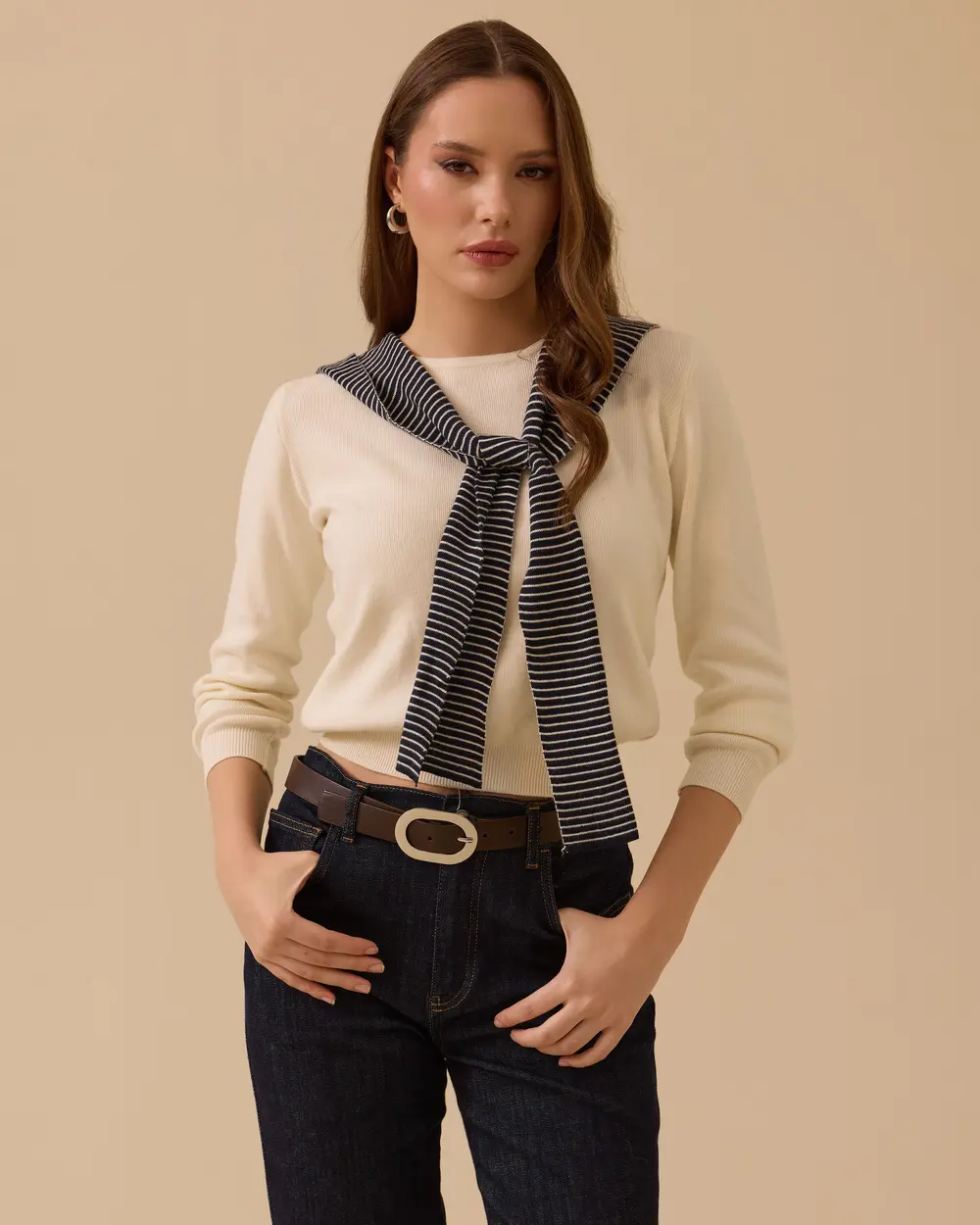 Şerit Detaylı Bağlama Yaka Triko