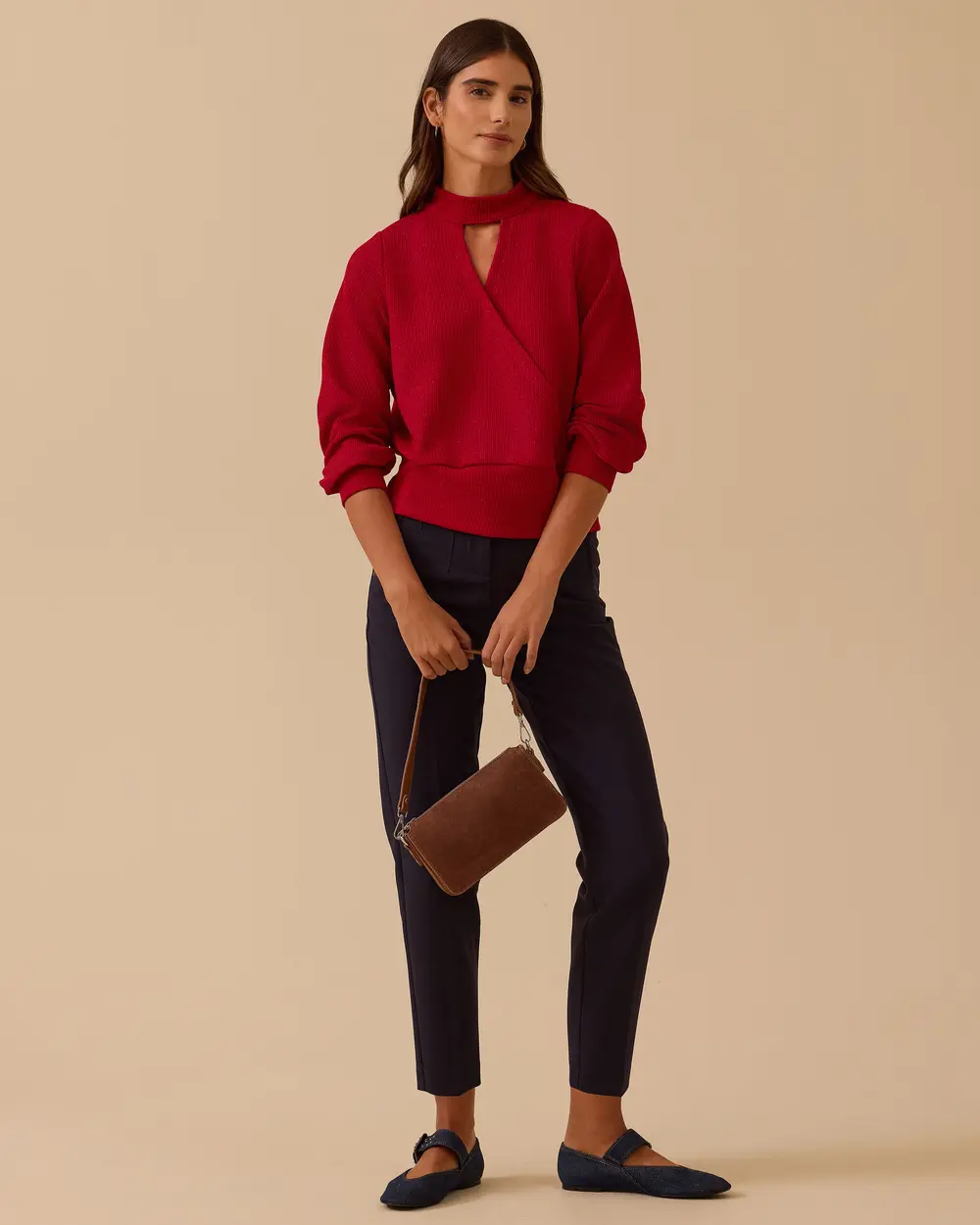 Pencere Detaylı Dik Yaka Triko Bluz