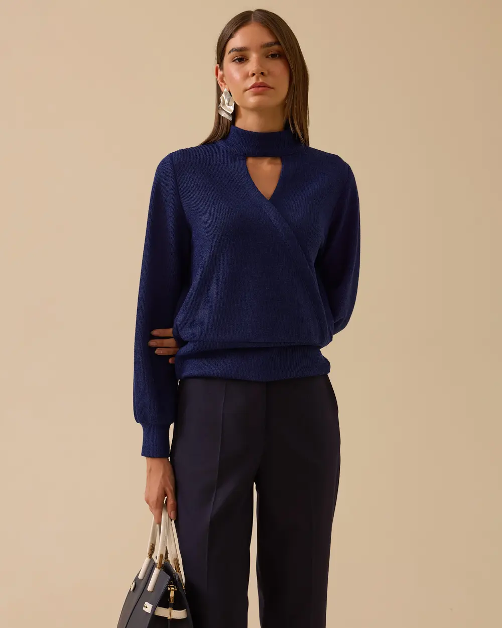 Pencere Detaylı Dik Yaka Triko Bluz