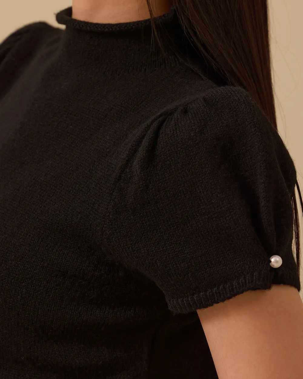 Dik Yaka Kısa Kollu Bel Boy Triko Bluz