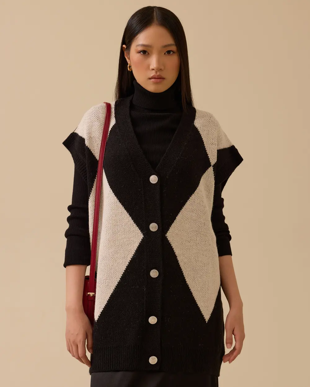 Blok Geçişli Düğmeli Triko Hırka