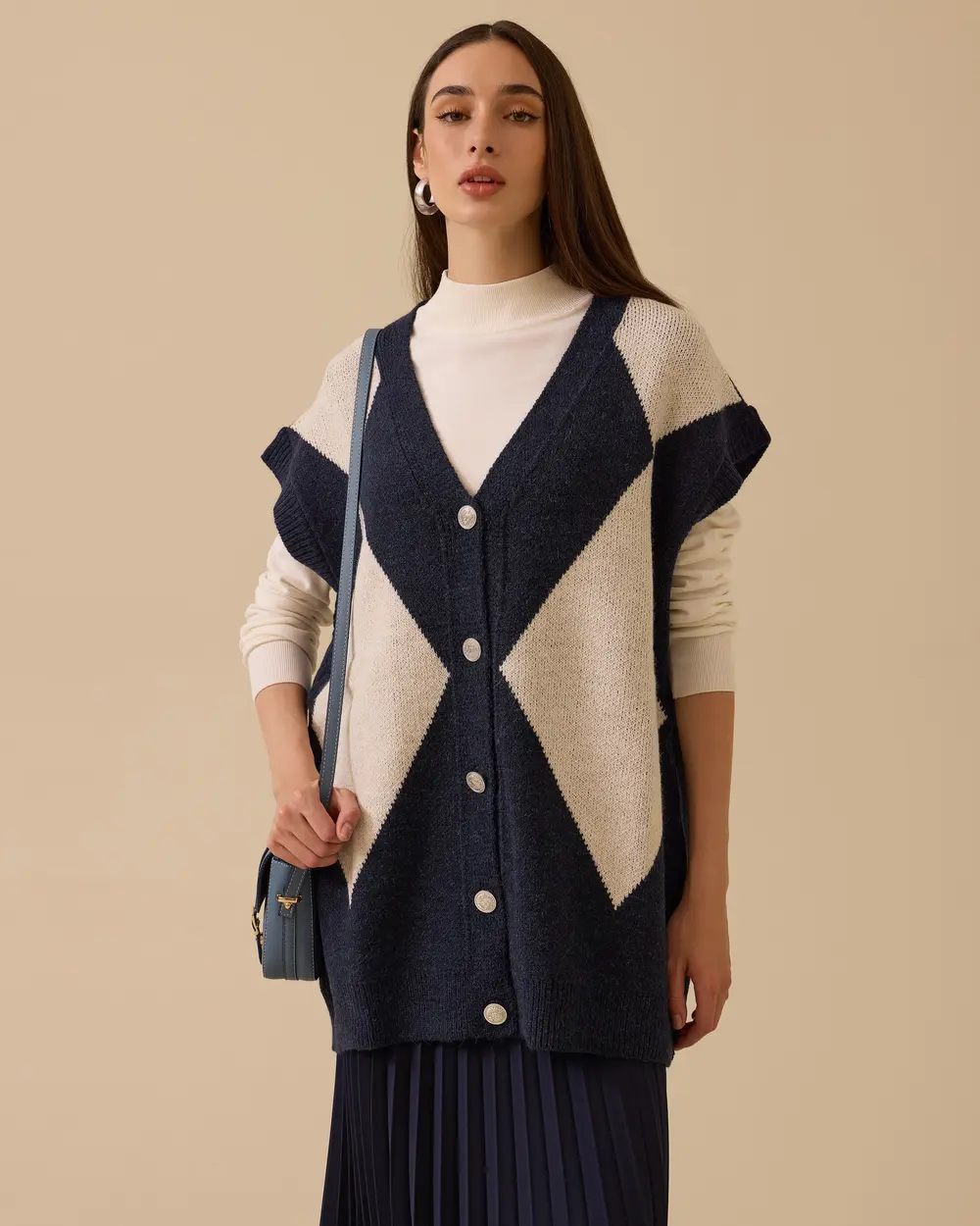 Blok Geçişli Düğmeli Triko Hırka