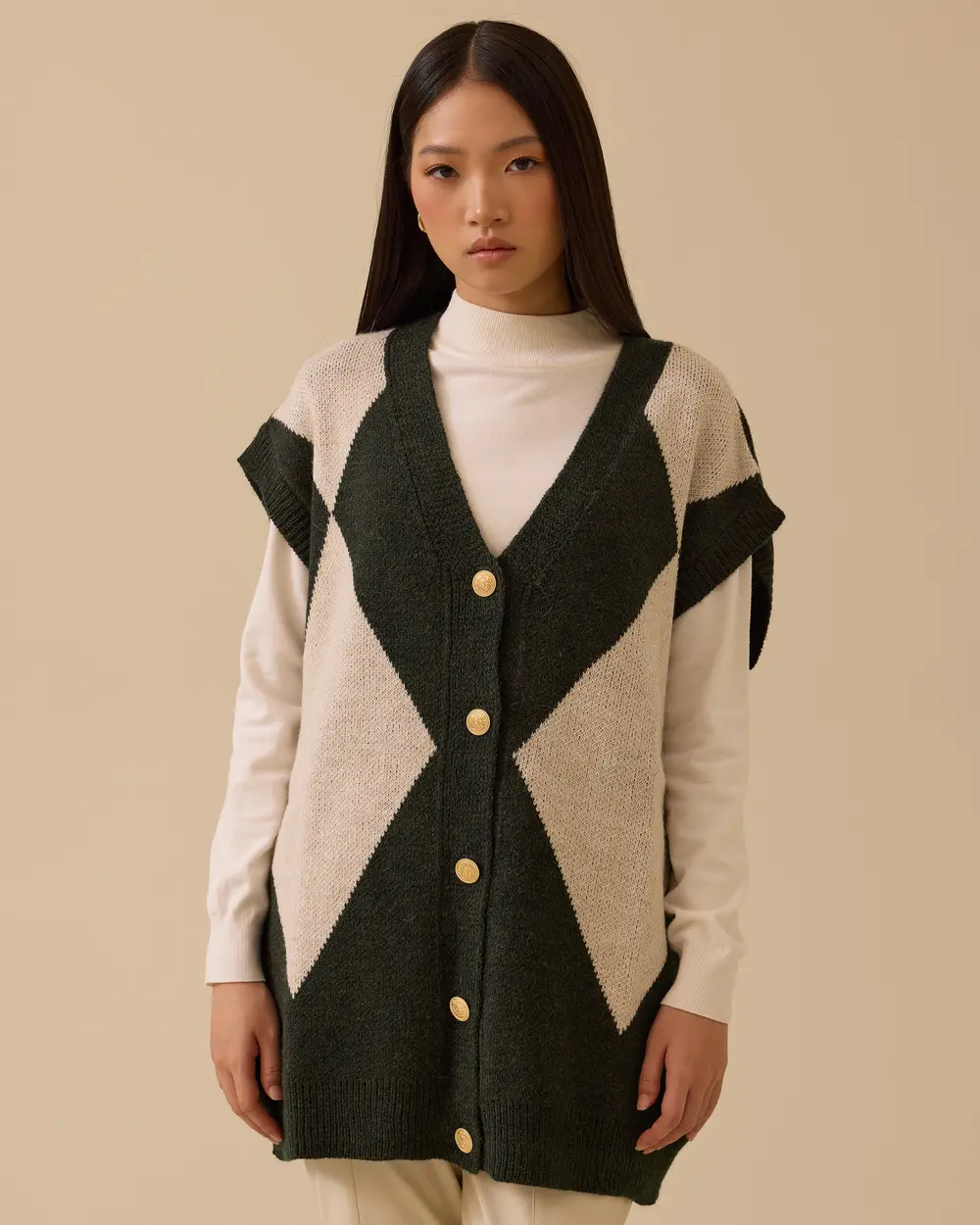 Blok Geçişli Düğmeli Triko Hırka