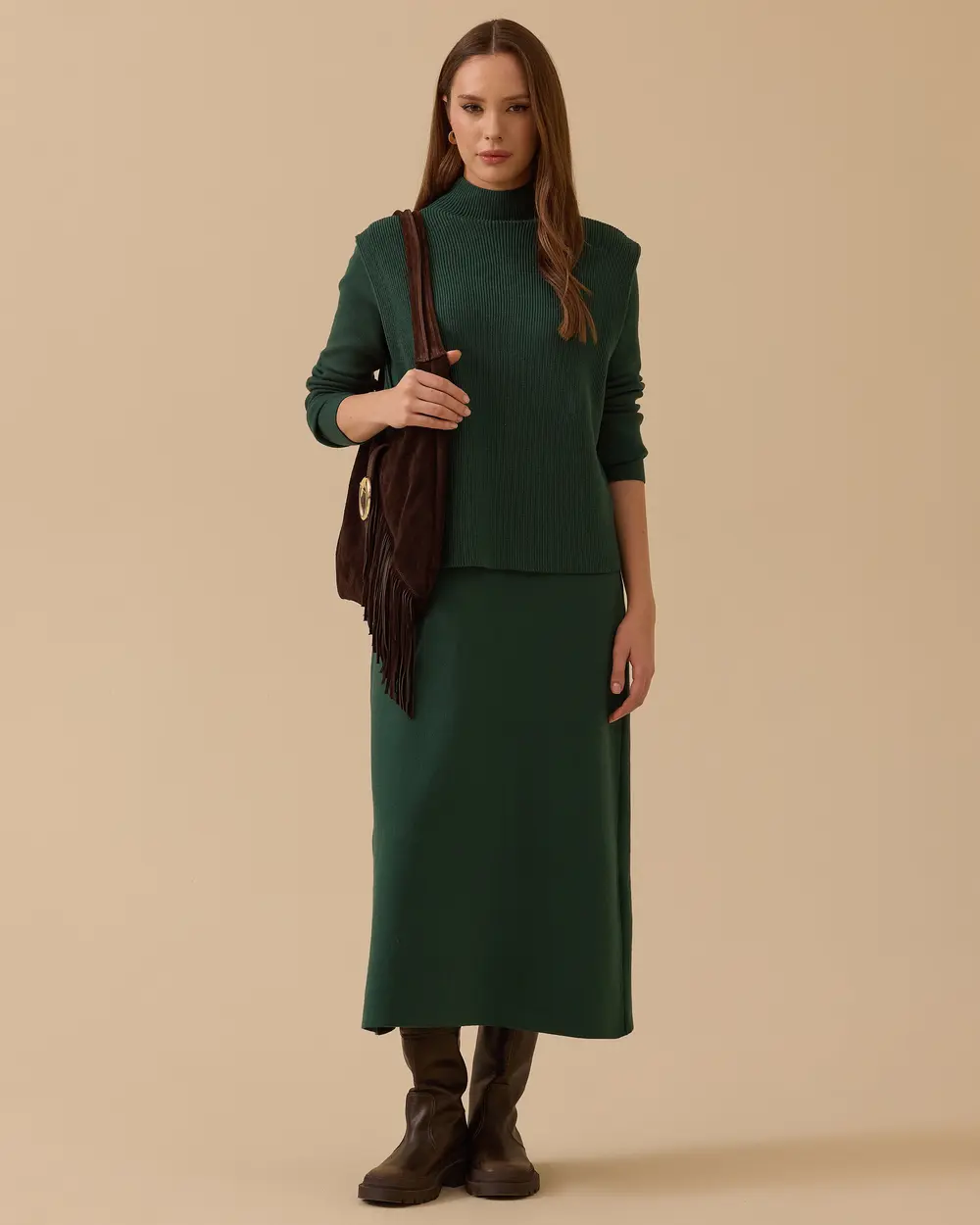 Uzun Kollu İki Parça Triko Elbise Takım