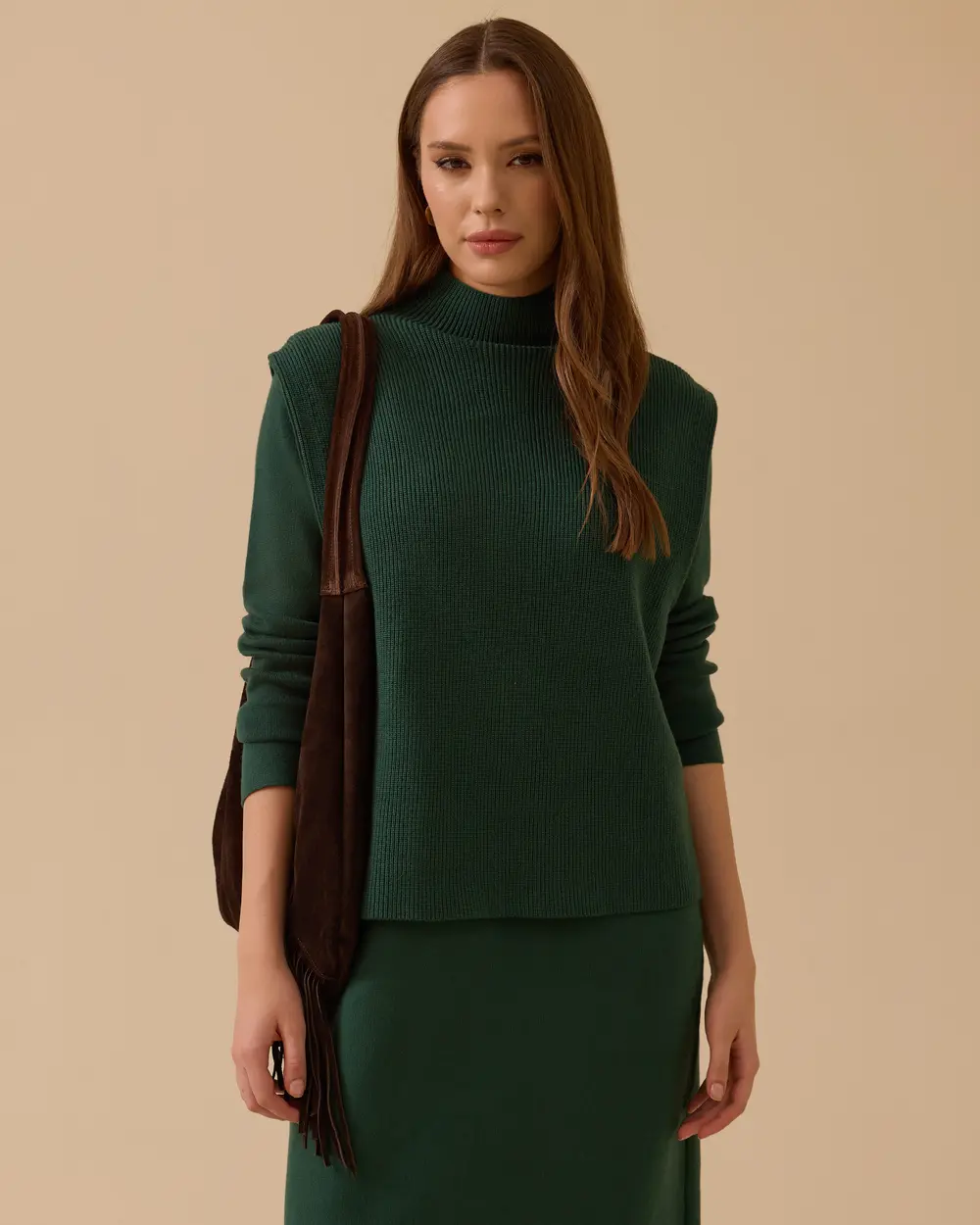 Uzun Kollu İki Parça Triko Elbise Takım