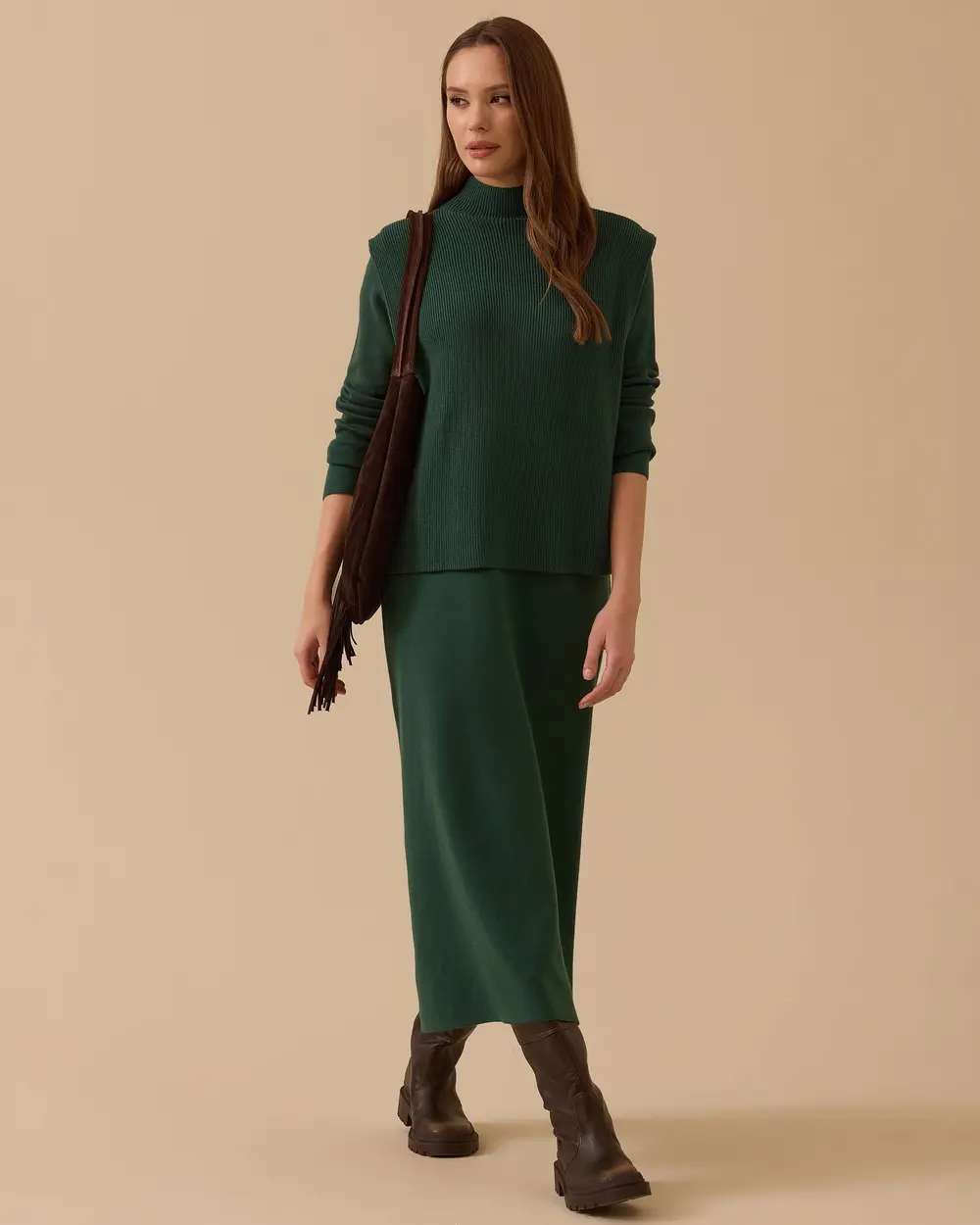 Uzun Kollu İki Parça Triko Elbise Takım