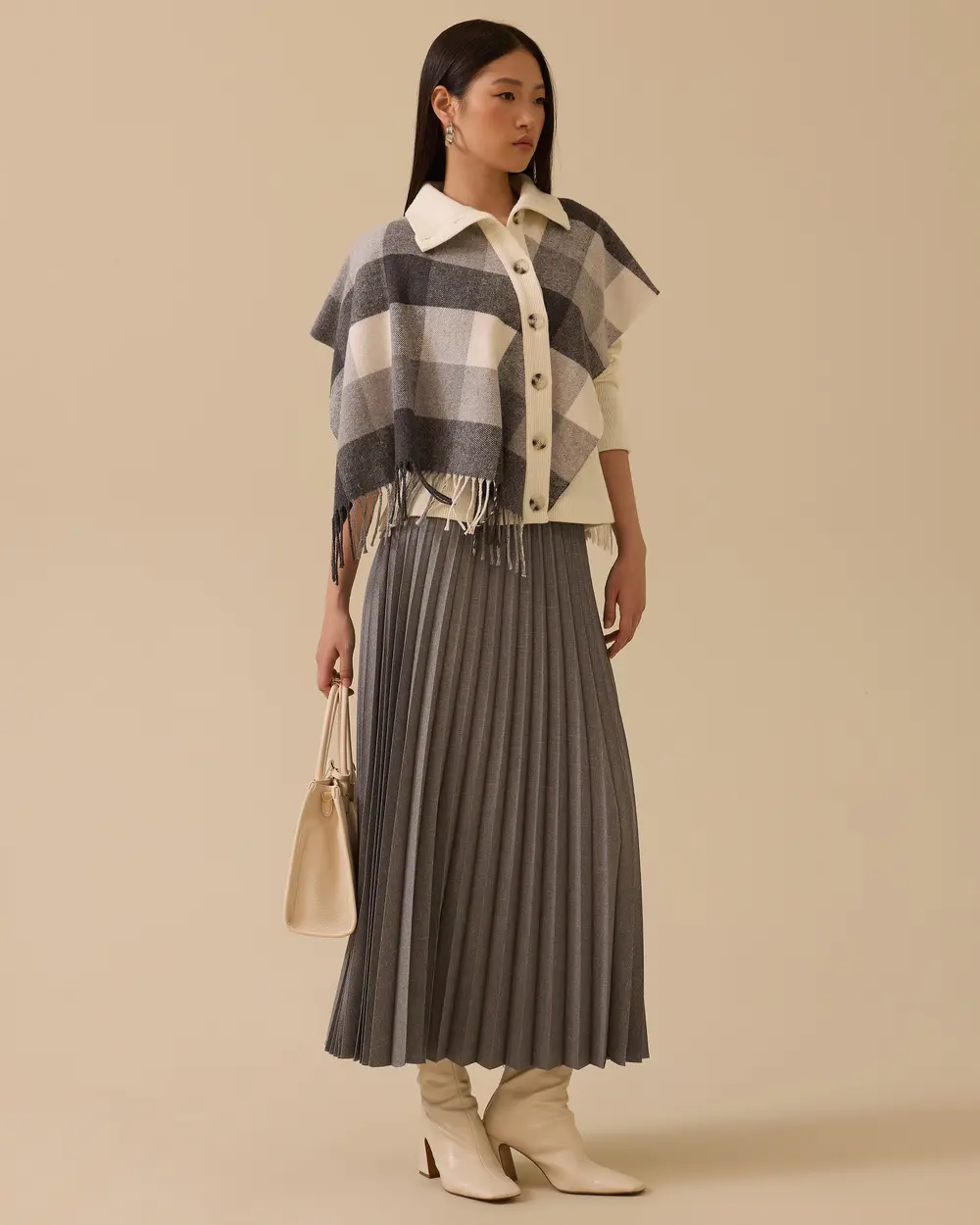 Şal Görünümlü Ekose Desenli Triko Hırka