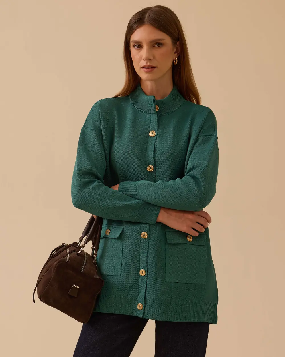 Cep Detaylı Düğmeli Triko Hırka