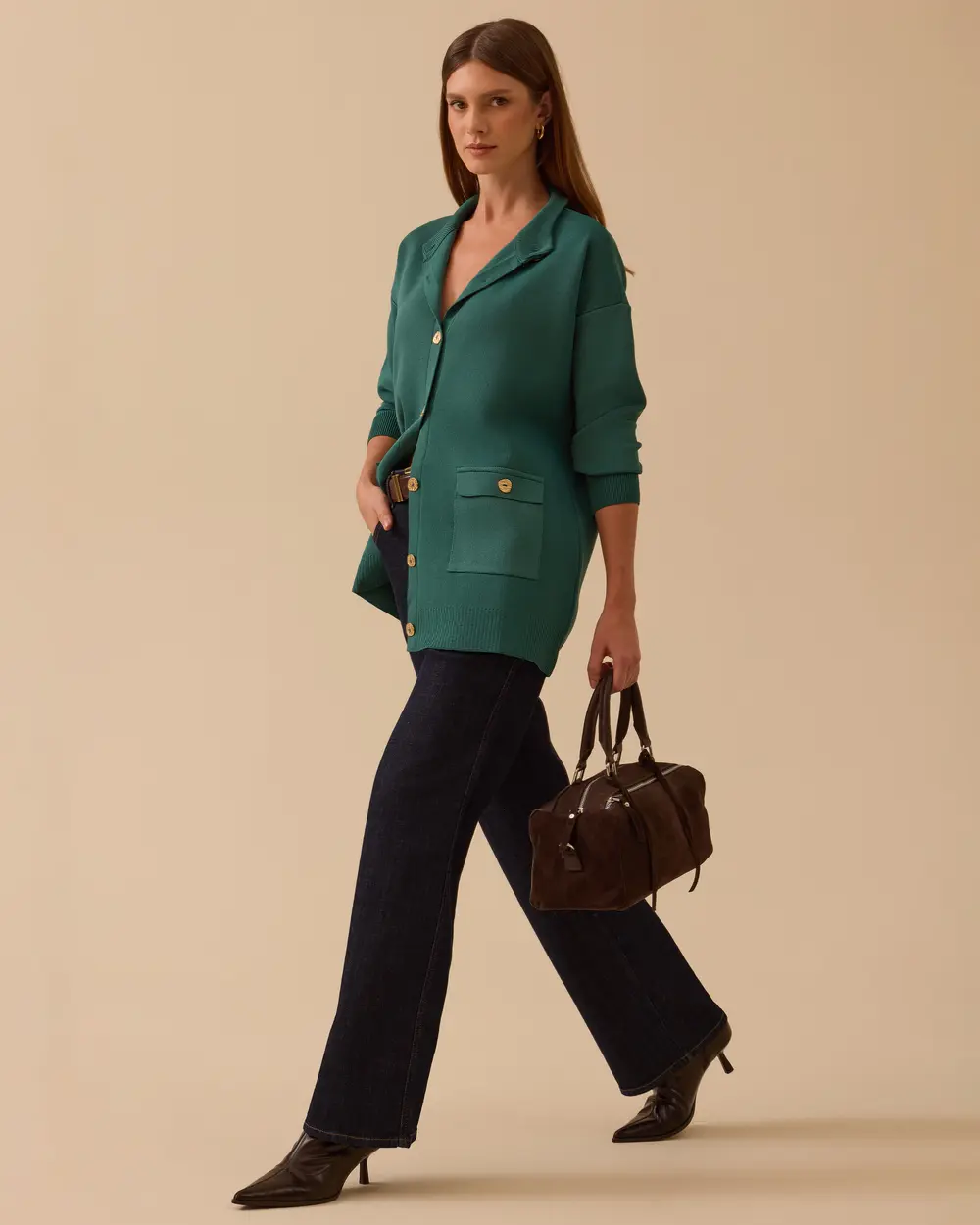 Cep Detaylı Düğmeli Triko Hırka