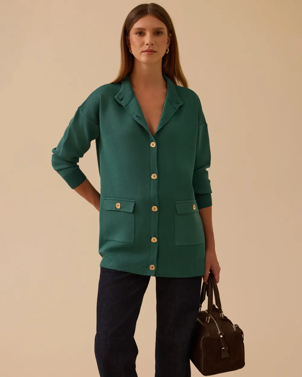 Cep Detaylı Düğmeli Triko Hırka