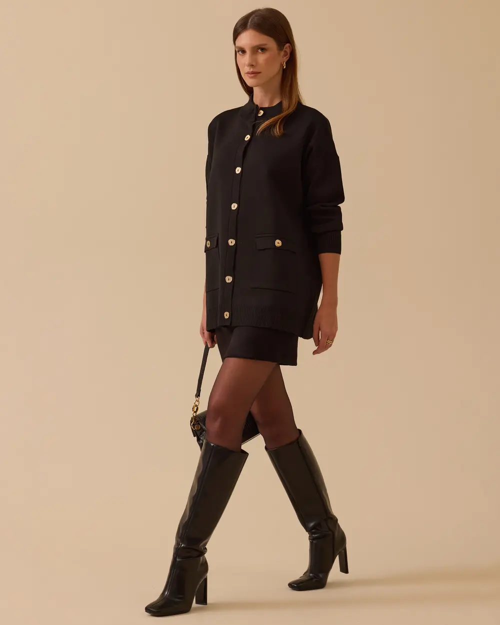 Cep Detaylı Düğmeli Triko Hırka