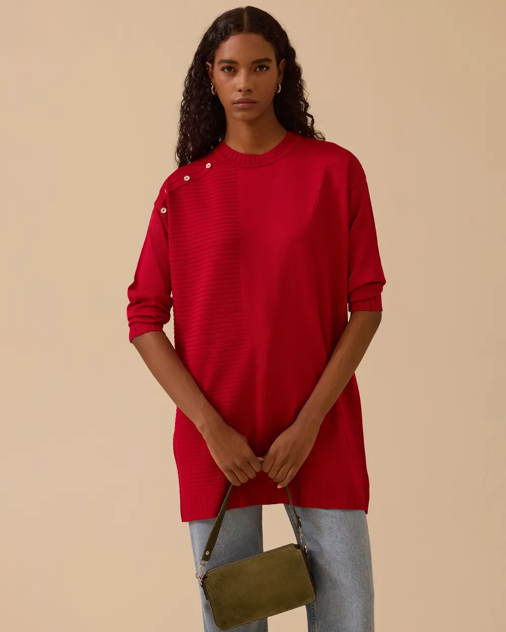 Düğme Detaylı Triko Tunik