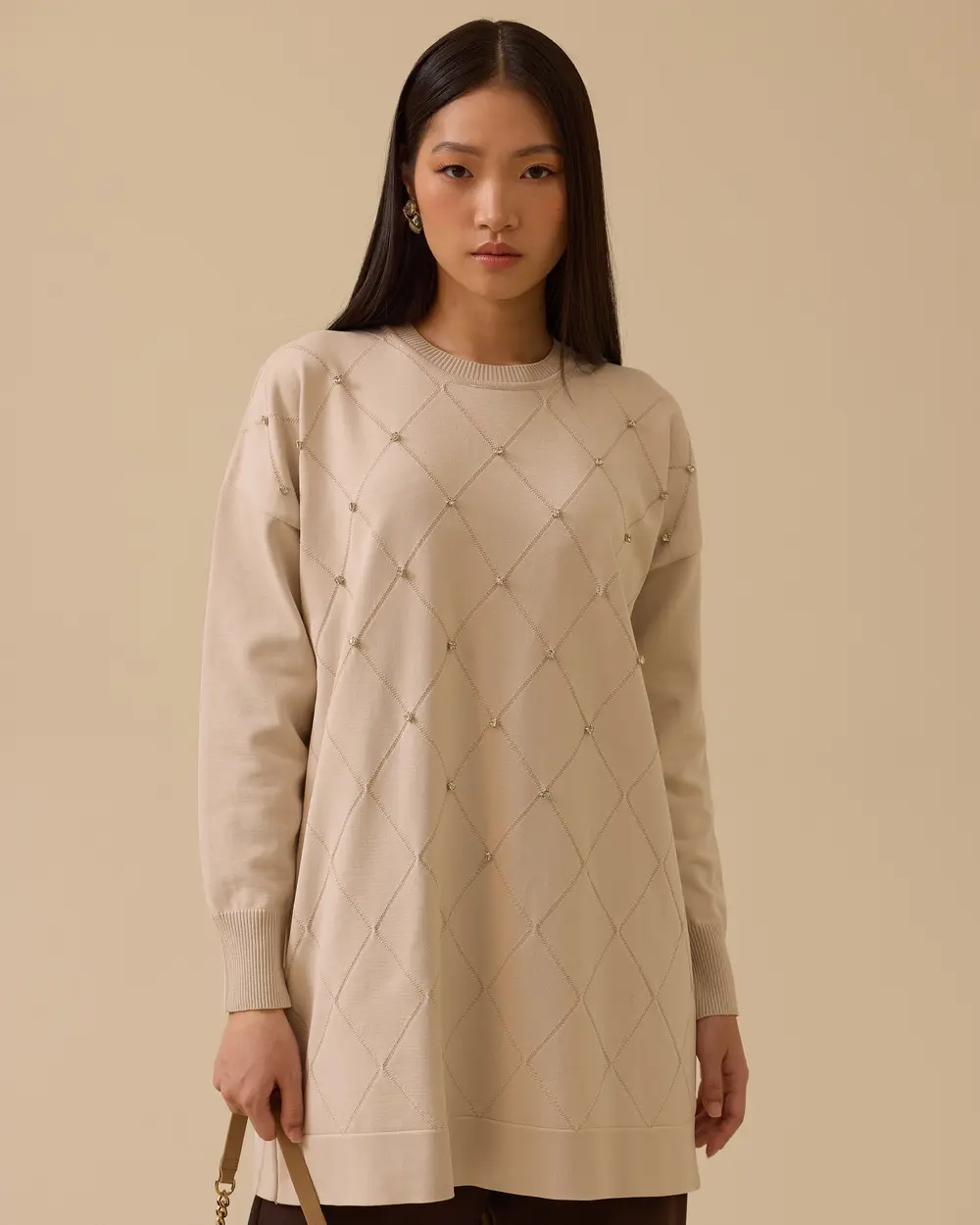 Taş Detaylı Uzun Triko Tunik