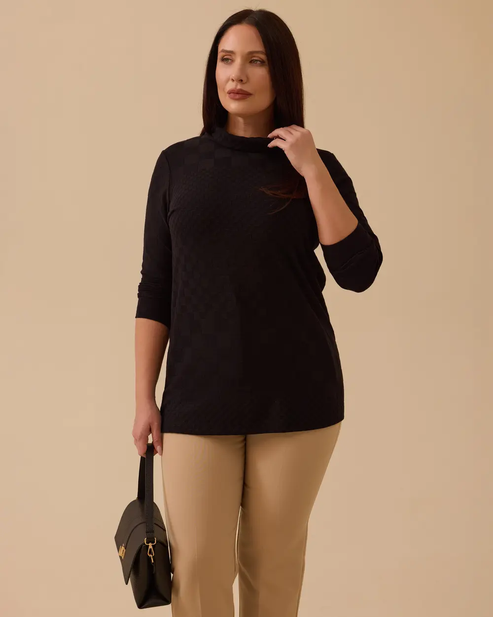 Büyük Beden Dik Yaka Desenli Triko Bluz