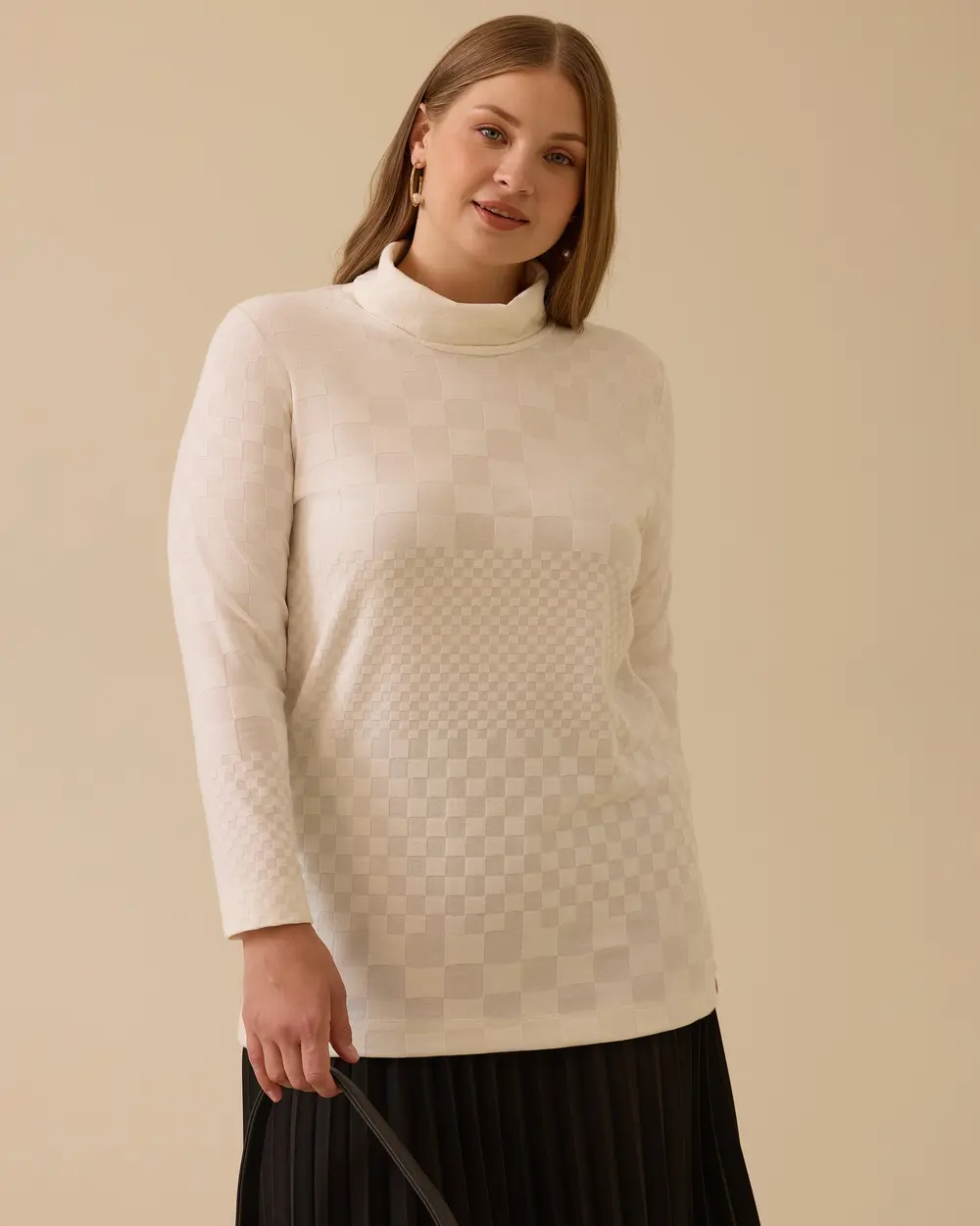 Büyük Beden Dik Yaka Desenli Triko Bluz