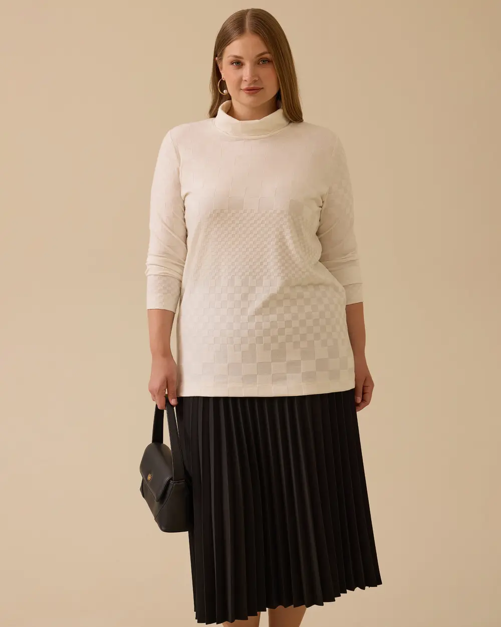 Büyük Beden Dik Yaka Desenli Triko Bluz