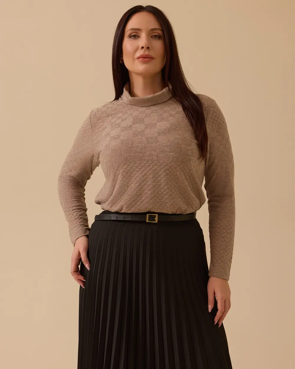 Büyük Beden Dik Yaka Desenli Triko Bluz