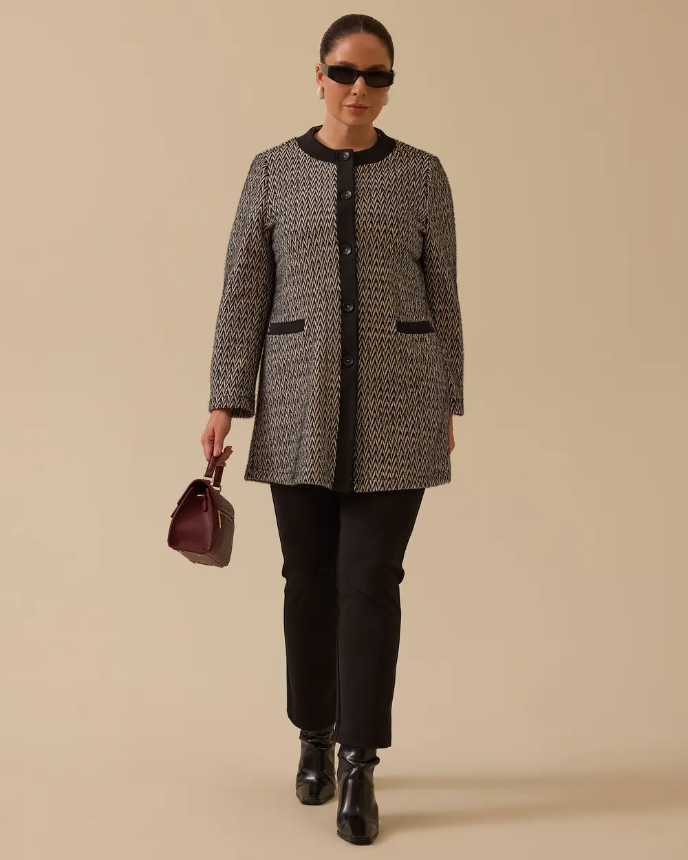 Büyük Beden Desenli Cep Detaylı Triko Ceket