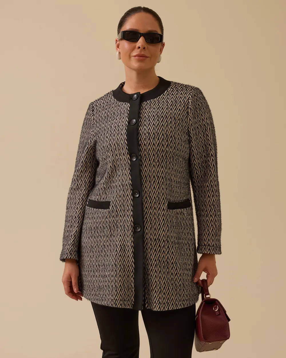 Büyük Beden Desenli Cep Detaylı Triko Ceket