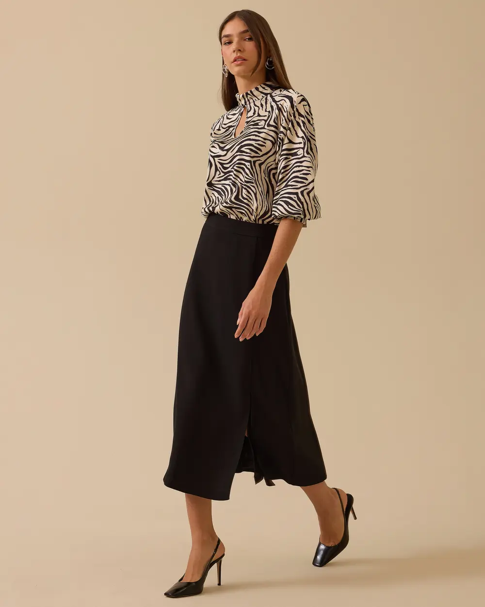 Leopard Print Stand Collar Window Detailed Blouse