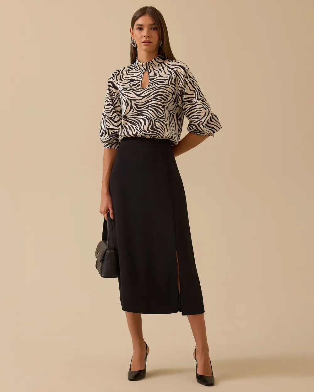 Leopard Print Stand Collar Window Detailed Blouse