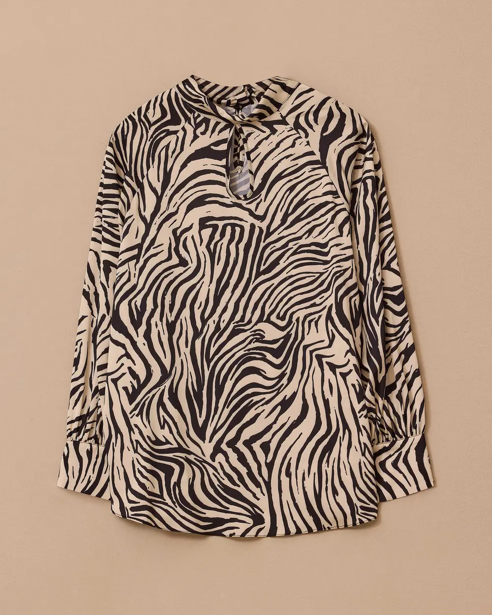 Zebra Desenli Dik Yaka Pencere Detaylı Bluz