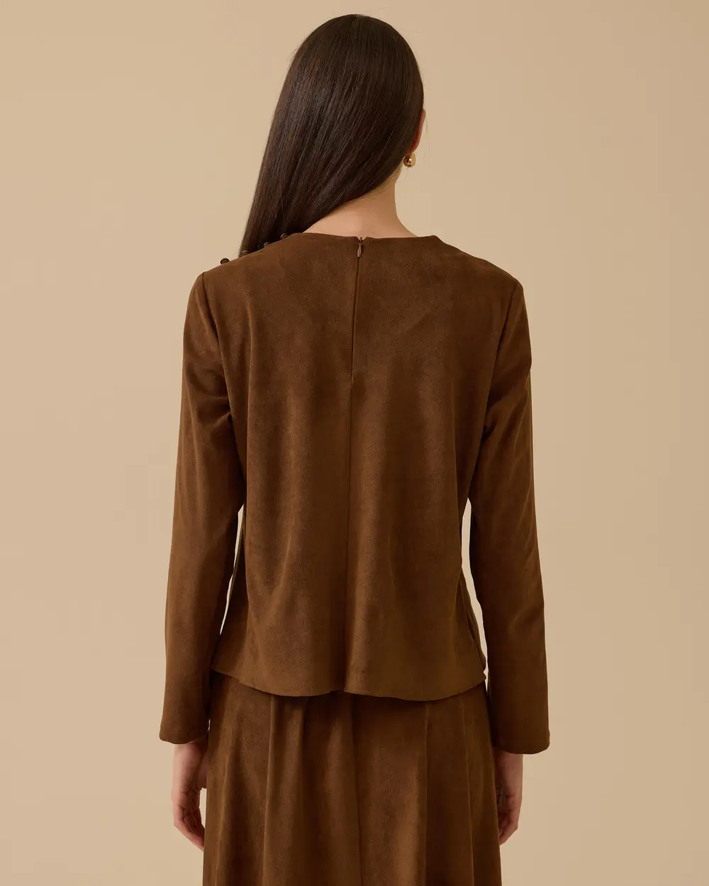 Drapeli Omuz Düğmeli Süet Bluz