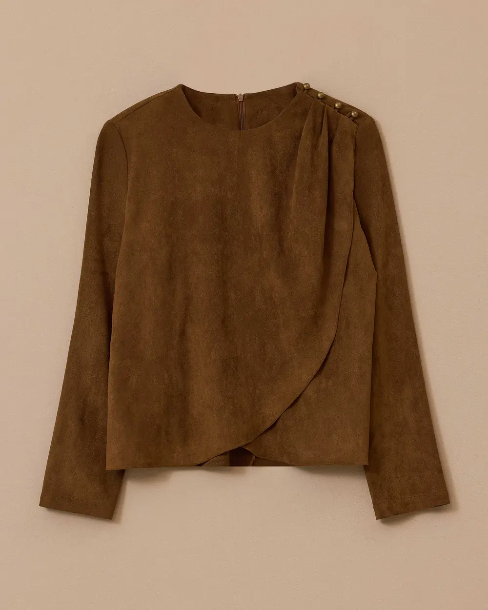Drapeli Omuz Düğmeli Süet Bluz