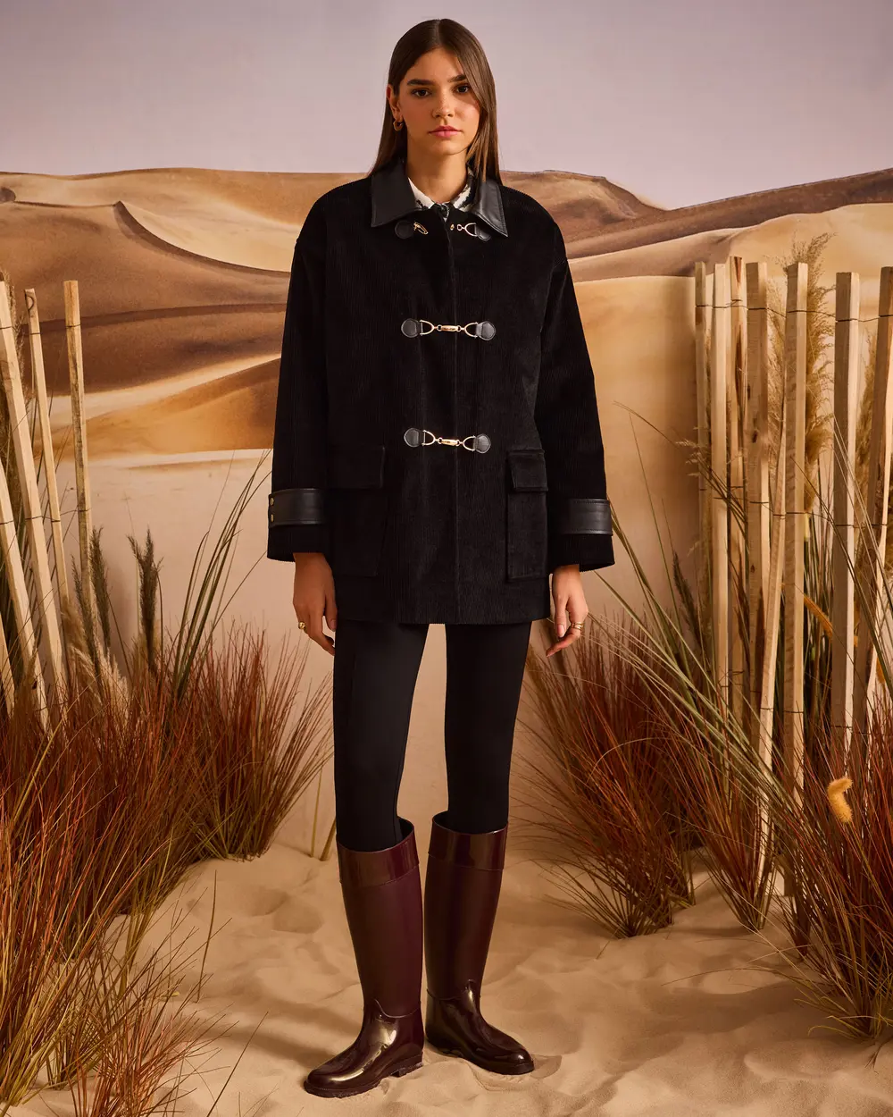 Çift Kumaşlı Cepli Oversize Kaban