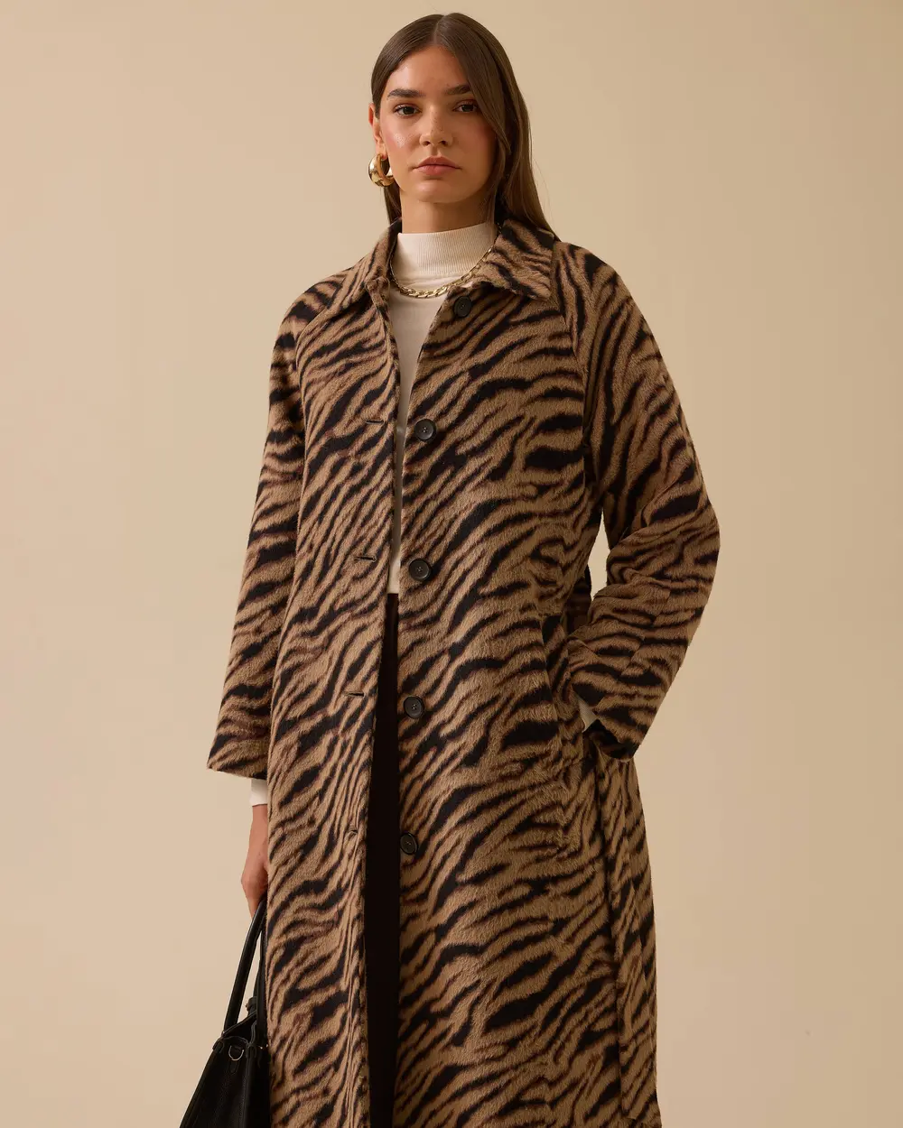 Zebra Desenli Kuşaklı Uzun Kaban
