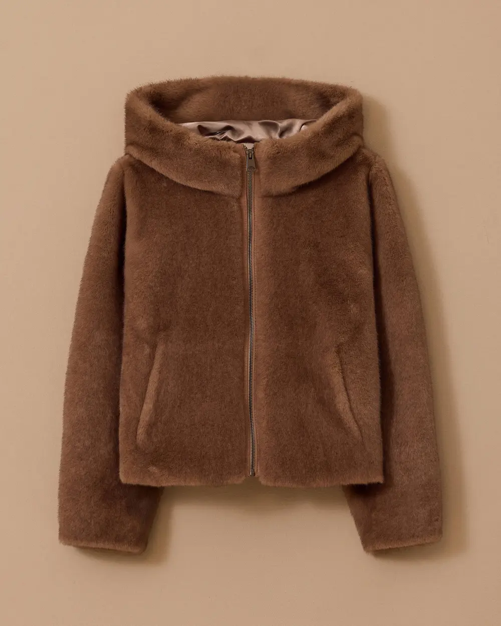 Soft Textured Faux Fur Jacket with Hood