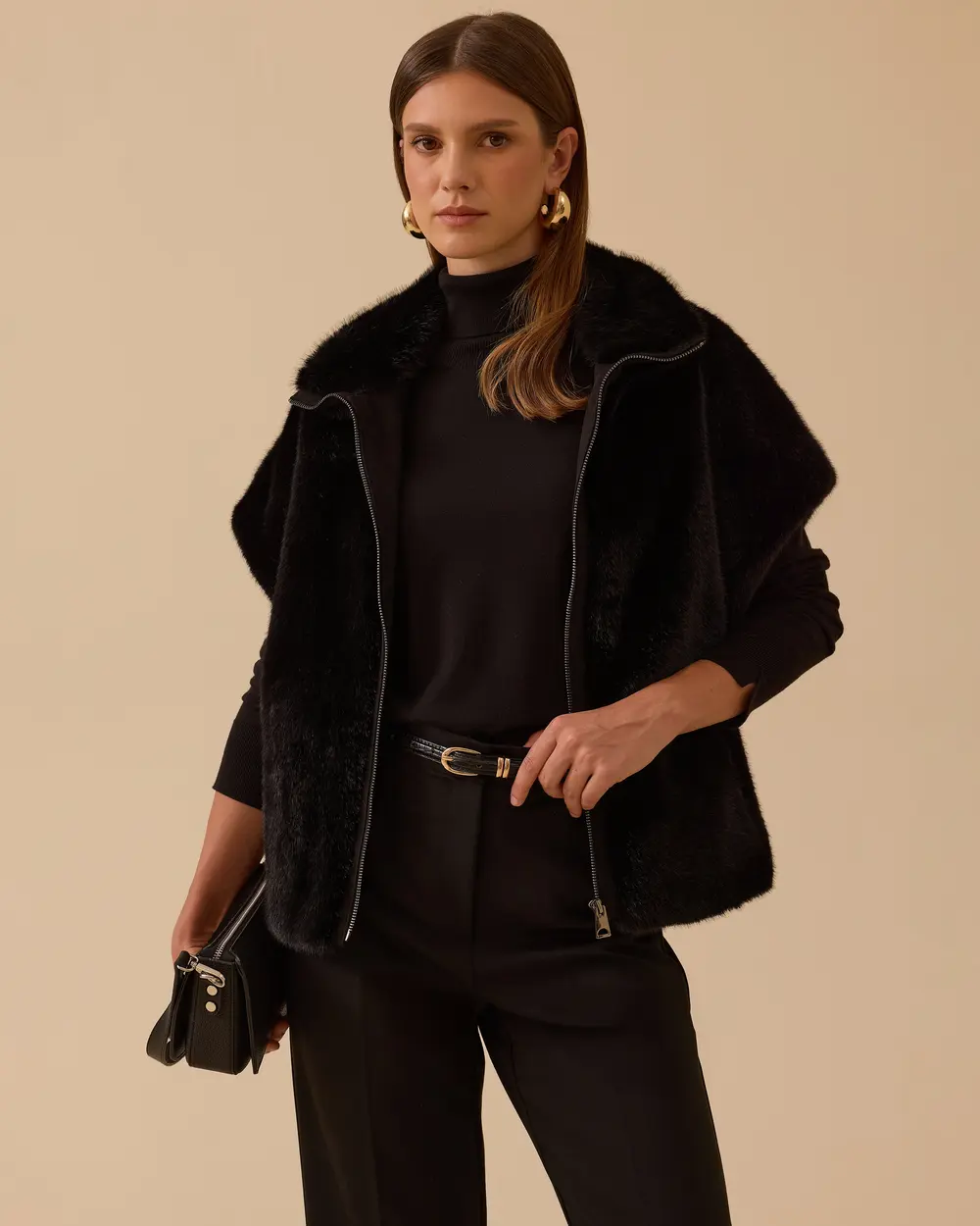 Stand Collar Zippered Faux Fur Vest