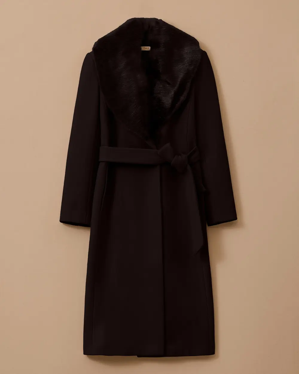 Suni Kürk Yakalı Kuşaklı Kaşe Kaban