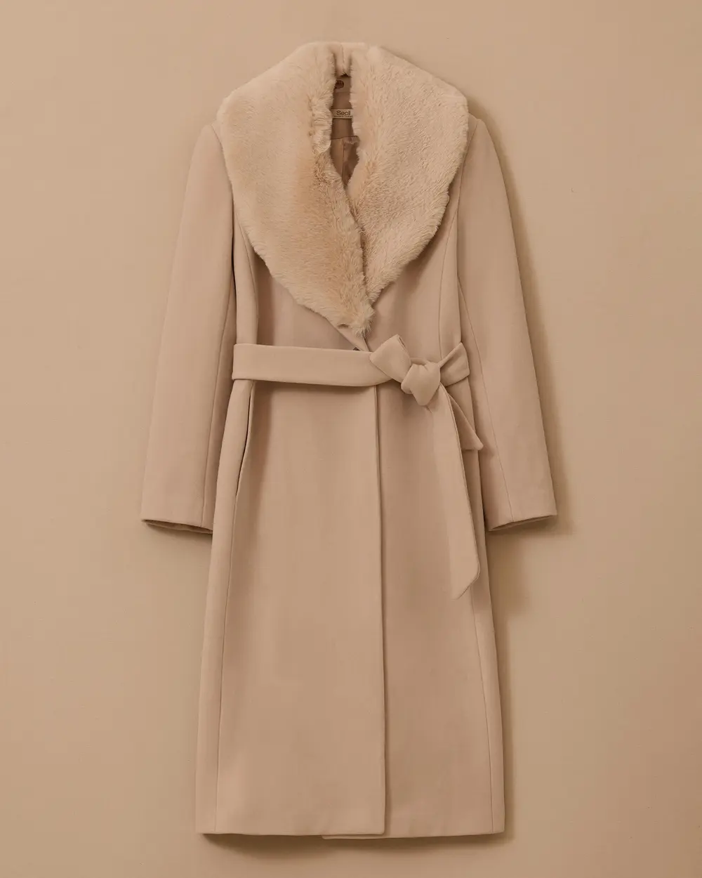 Suni Kürk Yakalı Kuşaklı Uzun Kaşe Kaban