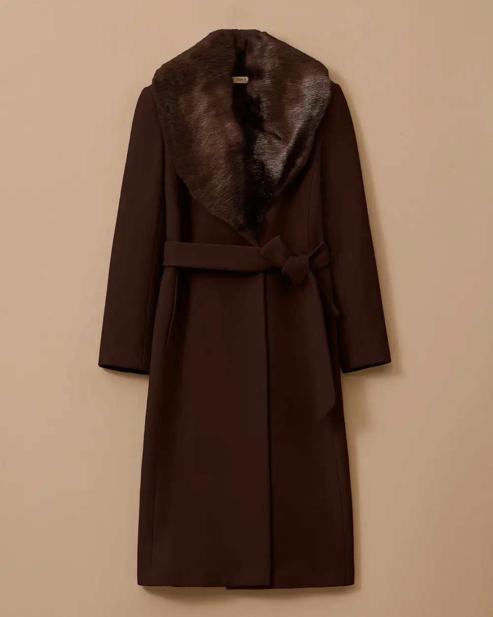 Suni Kürk Yakalı Kuşaklı Uzun Kaşe Kaban