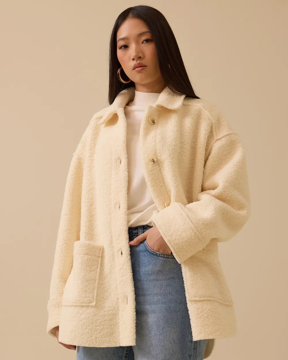 Düğmeli Oversize Peluş Kaban