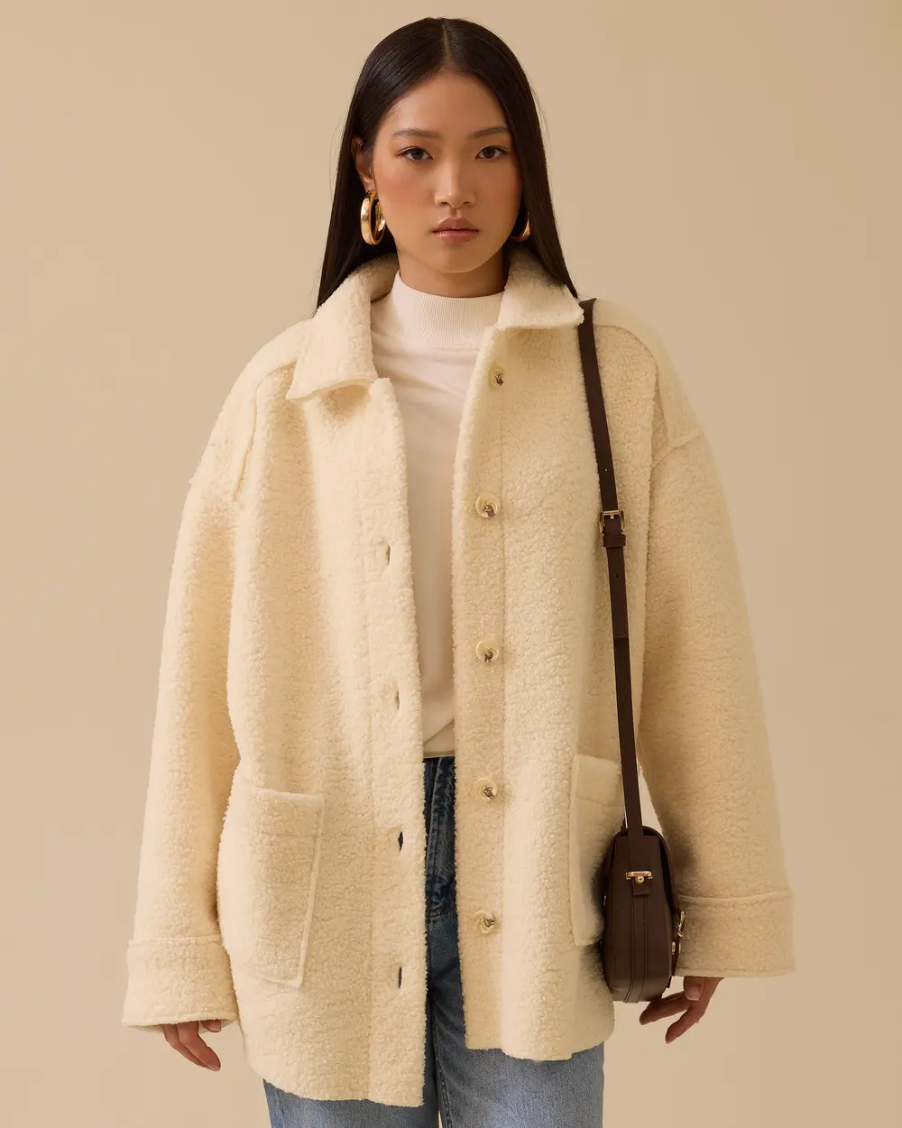 Düğmeli Oversize Peluş Kaban