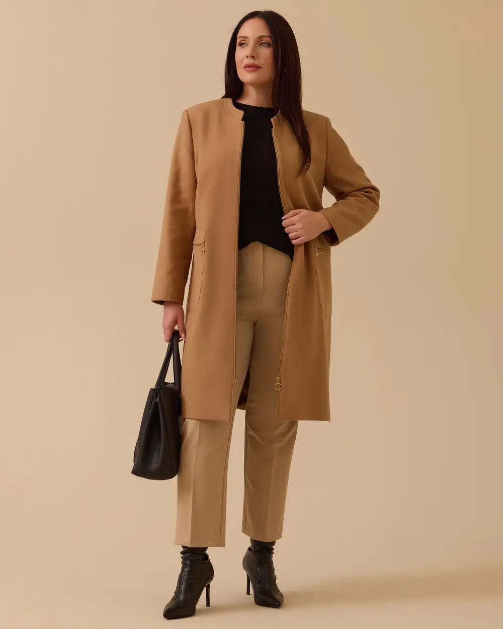 Büyük Beden Fermuarlı Kaşe Kaban