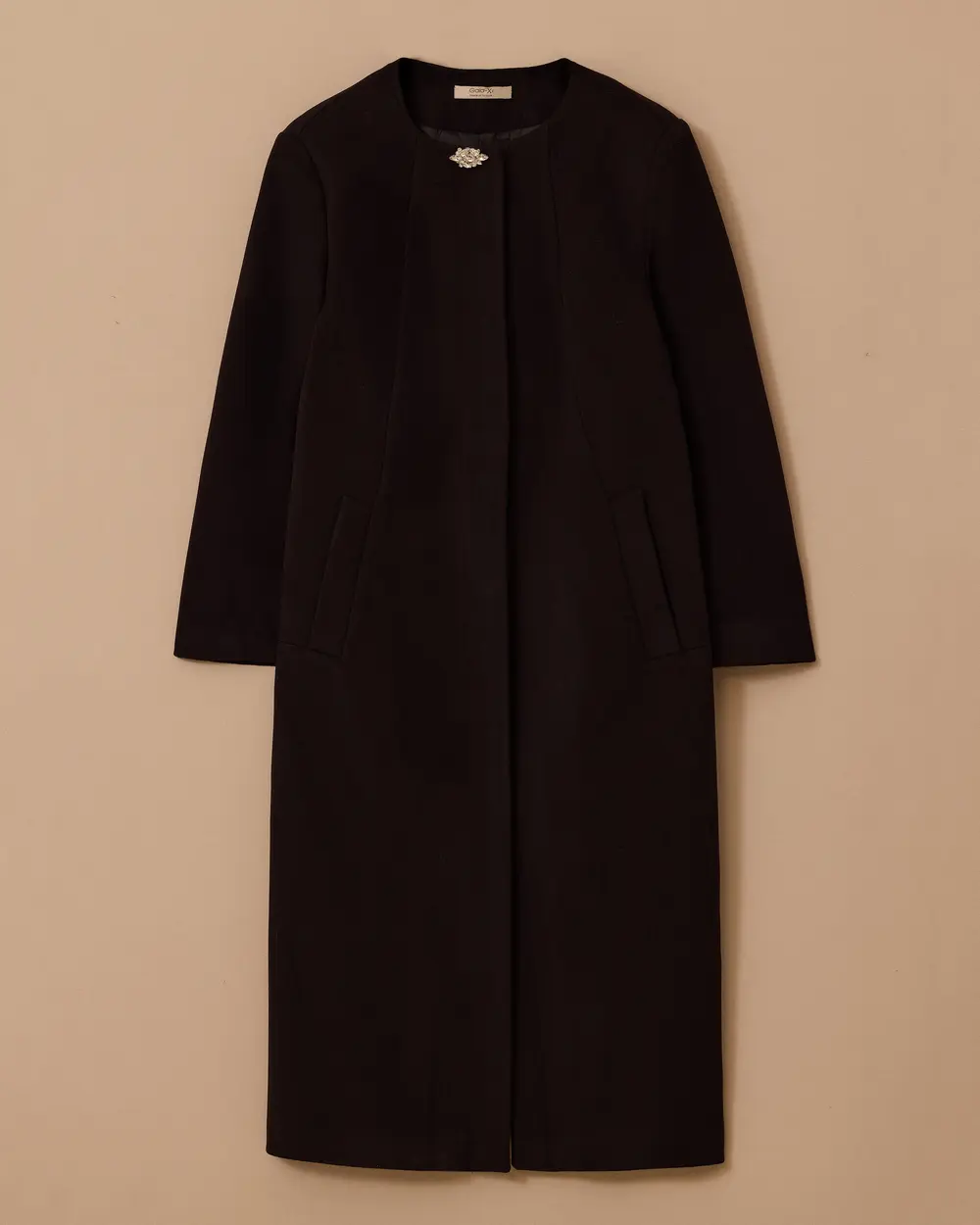 Plus Size Stone Detailed Long Cashmere Coat