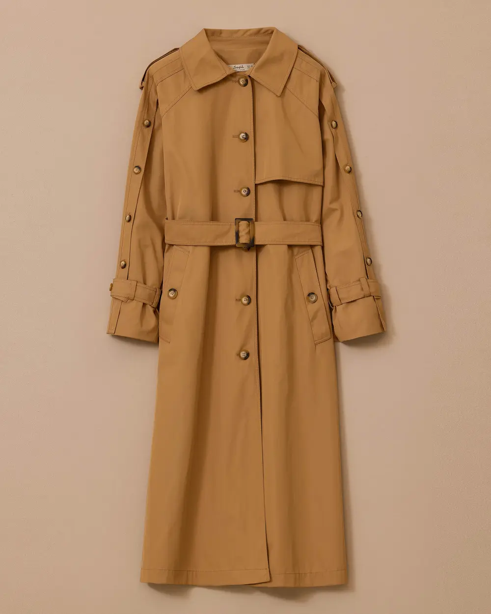 Düğmeli Kuşak Detaylı Uzun Trençkot