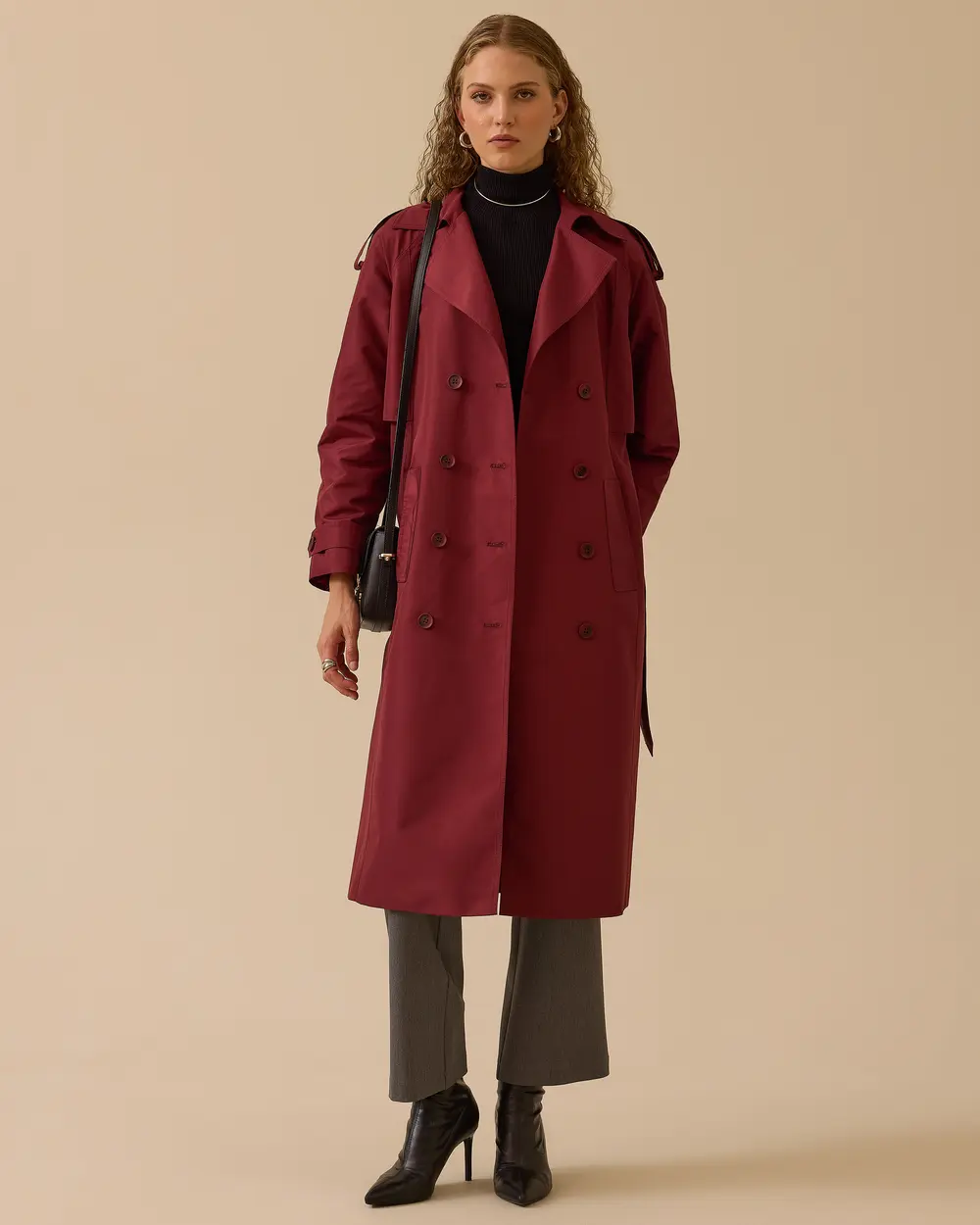 Kruvaze Kuşaklı Cepli Trençkot