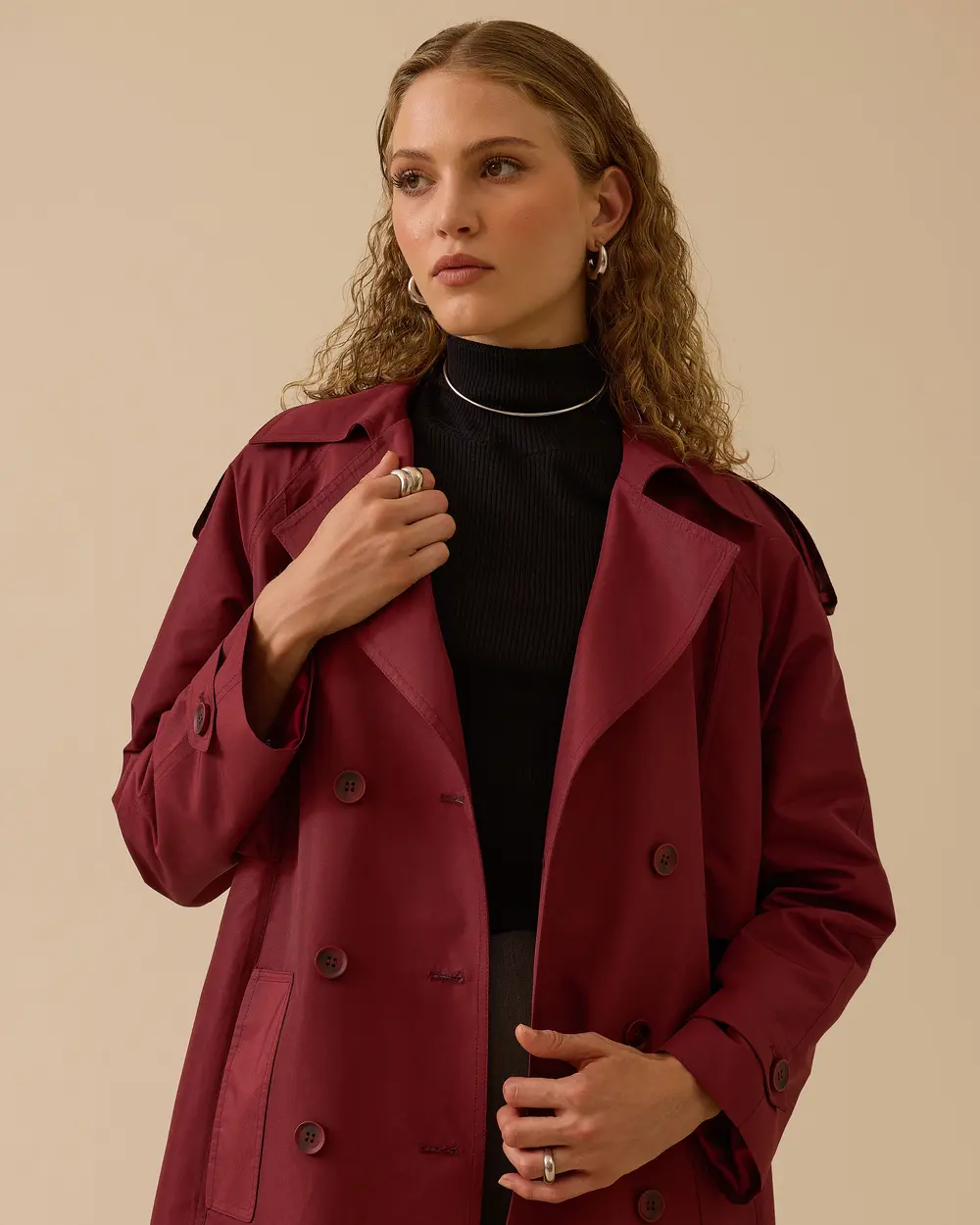 Kruvaze Kuşaklı Cepli Trençkot