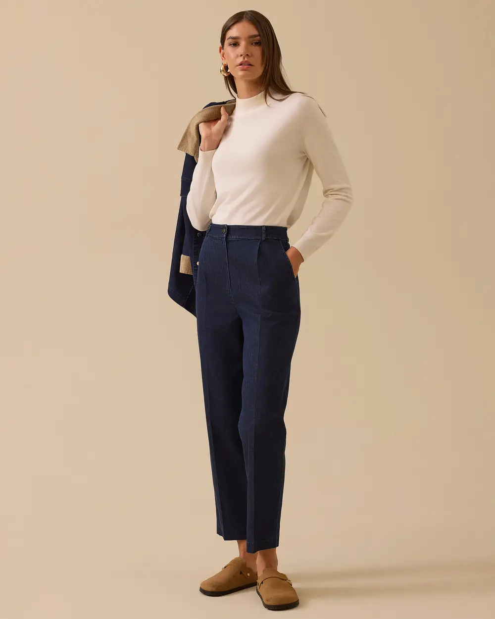 Yüksek Bel Pile Detaylı Bilek Boy Jean Pantolon