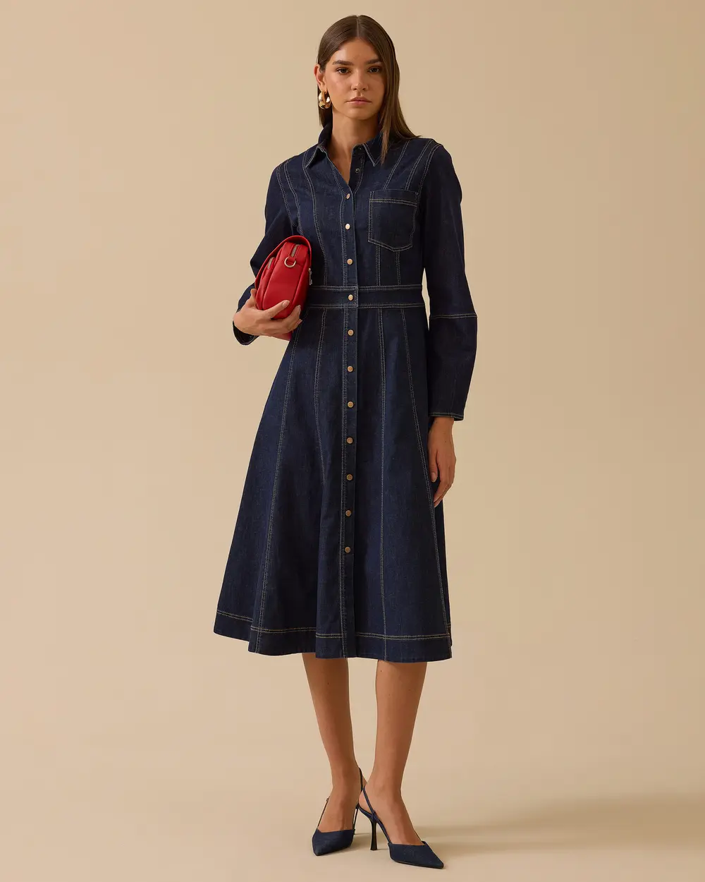 Dikiş Detaylı Düğmeli Jean Elbise