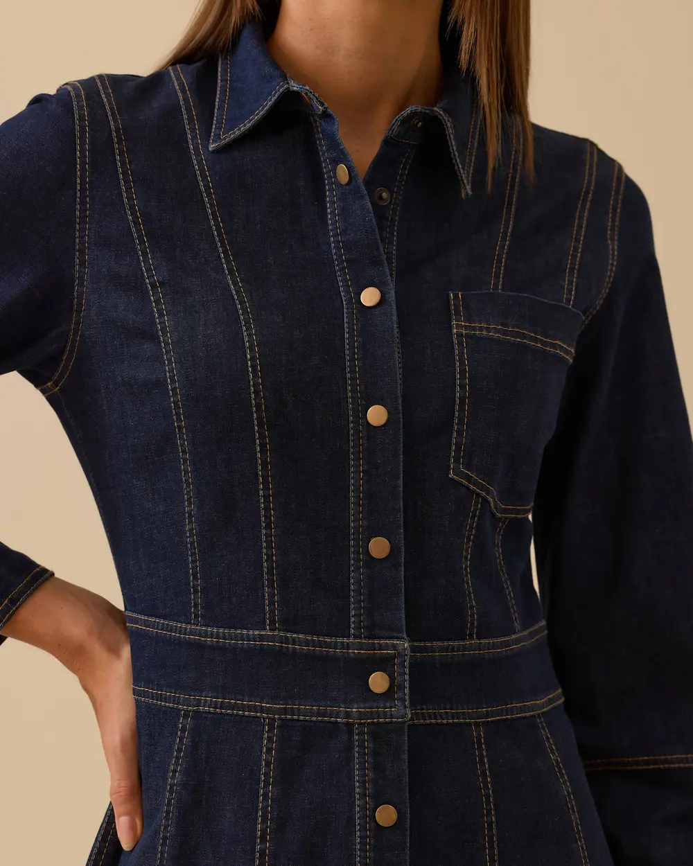 Dikiş Detaylı Düğmeli Jean Elbise