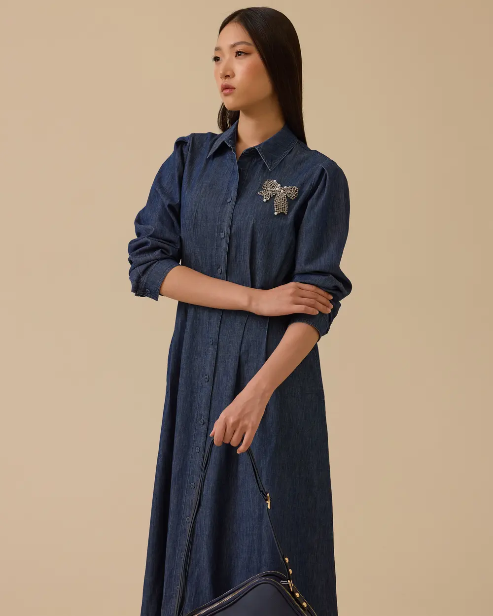 Taş Detaylı Gömlek Yaka Jean Elbise