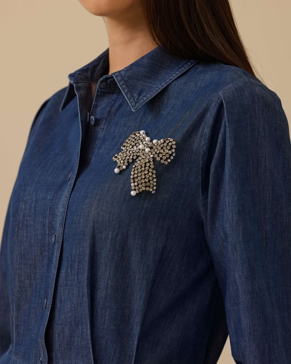 Taş Detaylı Gömlek Yaka Jean Elbise