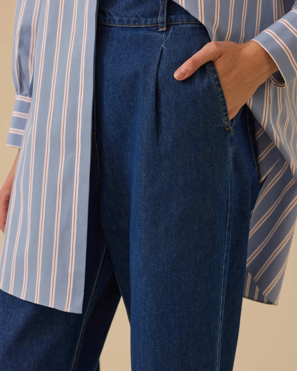 Yüksek Bel Tek Pile Bol Paça Jean Pantolon