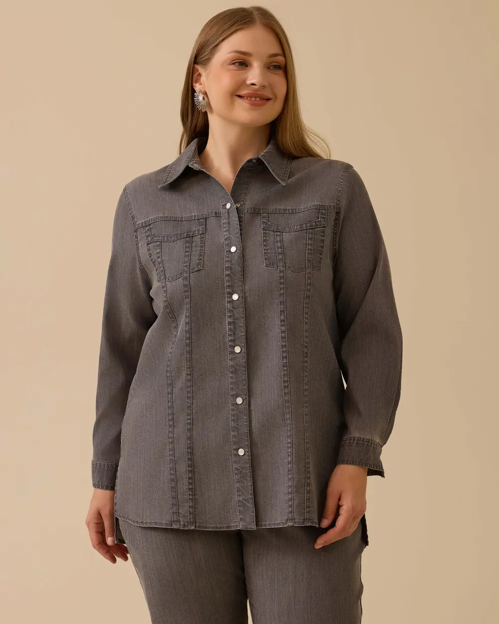 Büyük Beden Çıtçıt Düğmeli Jean Gömlek